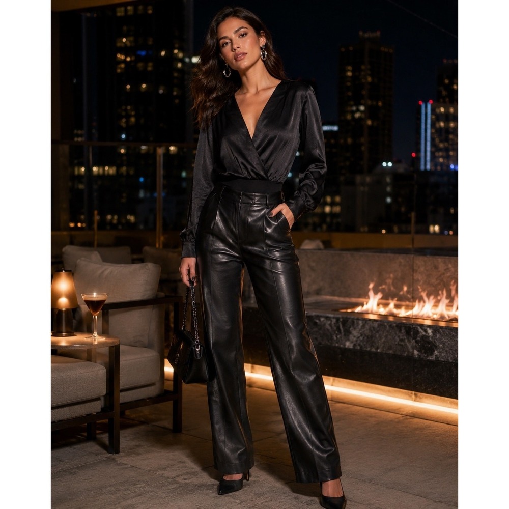 MiAmi Bodysuit Women Medium Black Excellent Satin Wrap Front Long Sleeve WS21334